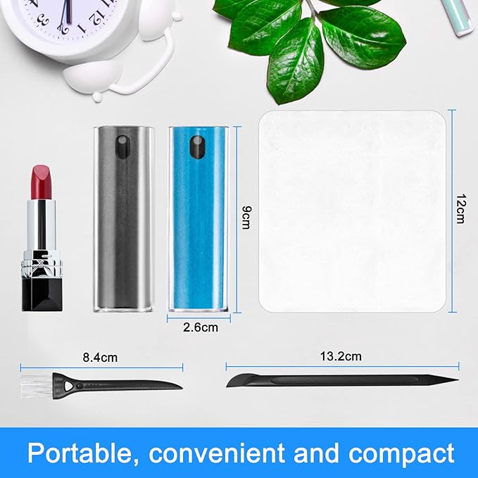 2 Pack Car Touch Screen Mist Cleaner, walrfid Laptop Screens and Phone Touchscreen Cleaning Kit for iPad, iPhone, MacBook Pro with Aipods Cleaning Pen, Small Brush and Eyeglass Cloth - Grey and Blue