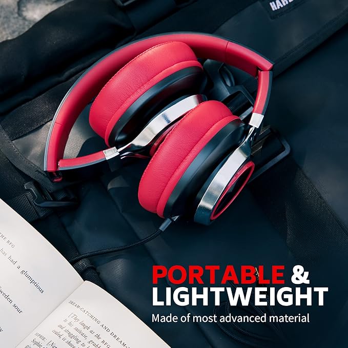 Over Ear Headphones Wired, AC01 Corded Stereo Headsets with Microphone Volume Control for Adults Teens Kids 3.5mm Jack for Chromebooks, Laptop, Computer, Tablets, Travel (Black Red)