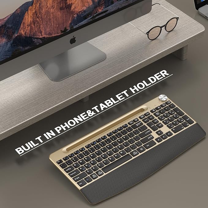 Ergonomic Wireless Keyboard with Wrist Rest-Low-Profile,Phone/Tablet Holder,Quiet Design,Windows & Mac OS,Full Size Cordless USB Computer Keyboard for Desktop,Laptop, PC, Mac, Windows-Gold