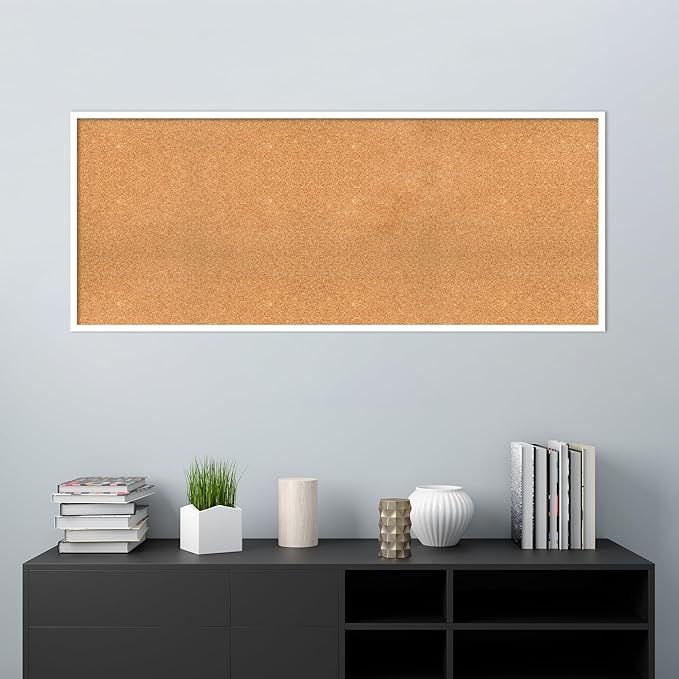 Amanti Art Natural Cork Board for Wall, 25x61 Vision Board with White Frame, Oversize Corkboard Office Decor for Home Organization, Modern Corkboard Pinboard to Display Items for Home Organization in