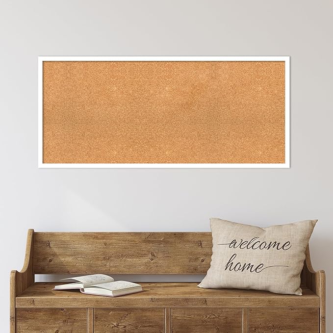 Amanti Art Natural Cork Board for Wall, 19x43 Vision Board with White Frame, Oversize Corkboard Office Decor for Home Organization, Modern Corkboard Pinboard to Display Items for Home Organization in