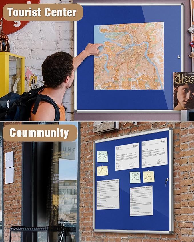 38"x38" Enclosed Bulletin Board, Lockable Weather-Resistant Aluminum Cork Noticeboard for School & Office, Silver Frame w/Blue Flet