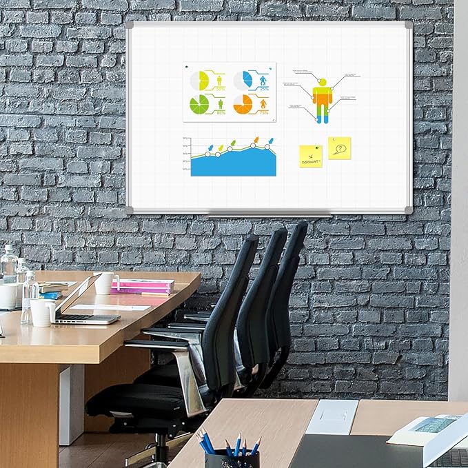 JILoffice Magnetic Dry Erase Planning Board, Grid Pattern White Board 36 x 24 Inch, Silver Aluminum Frame with Detachable Marker Tray for Office School and Home