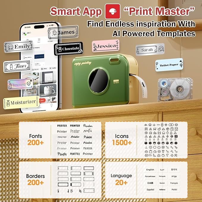 Phomemo A30 Label Maker Machine, Bluetooth Wireless Portable Small Label Printer, Waterproof Label Mini Sticker Maker for Home School, Cloth Name Tag, Ribbon Printer Machine for Gift Wrapping