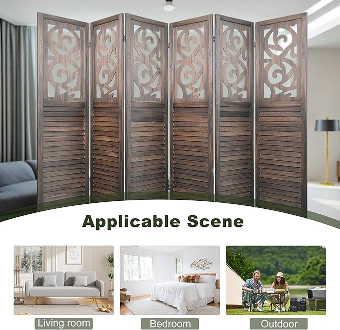 NicBex 6 Panel Room Divider,5.6FT Wood Carved Room Dividers,Folding Privacy Screens Portable Freestanding Partition Wall Dividers for Room Separation,Home Bedroom Office,Rustic Brown