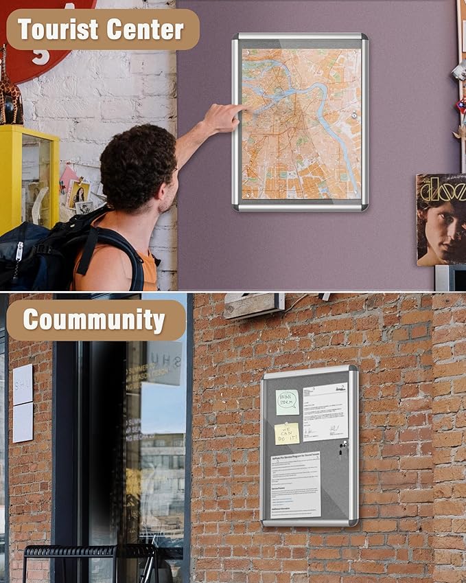 26"x20" Enclosed Bulletin Board, Lockable Weather-Resistant Aluminum Cork Noticeboard for School & Office, Silver Frame w/Grey Flet