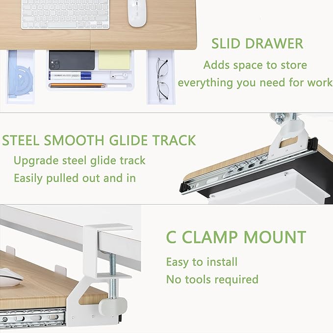 ETHU Keyboard Tray Under Desk, Ergonomic Corner Keyboard Tray with 180° Adjustable C Clamp for L Shape Desk 26.77" X 12.2" Easy to Install, Computer Keyboard Stand for Home and Office(Oak)