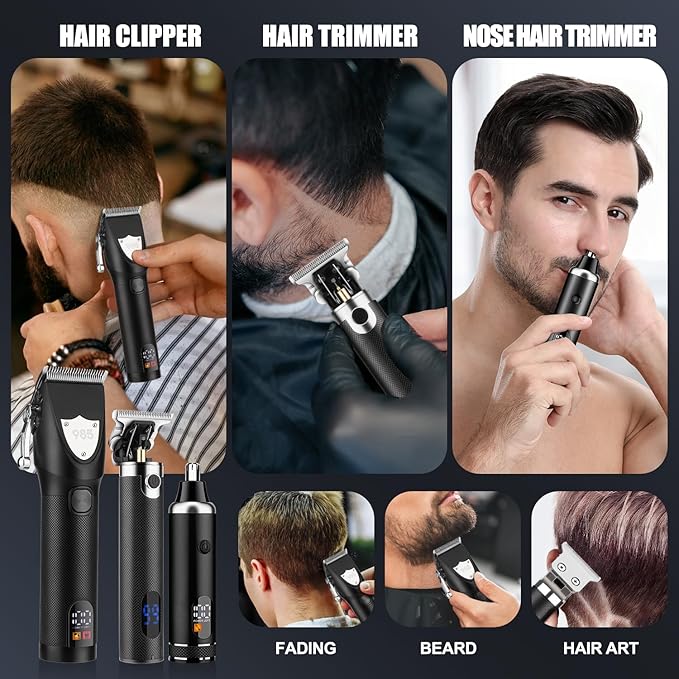 RESUXI Hair Clipper for Men T Blade Zero Gapped Nose Hair Trimmer Set, Professional Cordless Barber Clippers Hair Cutting Machine Haircut Grooming Kit,Black