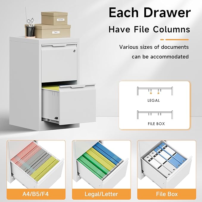 Bestoo 2 Drawer File Cabinet, 17.8" Deep Filing Cabinet for Home Office, Metal Vertical File Cabinet with Lock for Letter/Legal/A4/F4 Size, Easy Assemble (White)