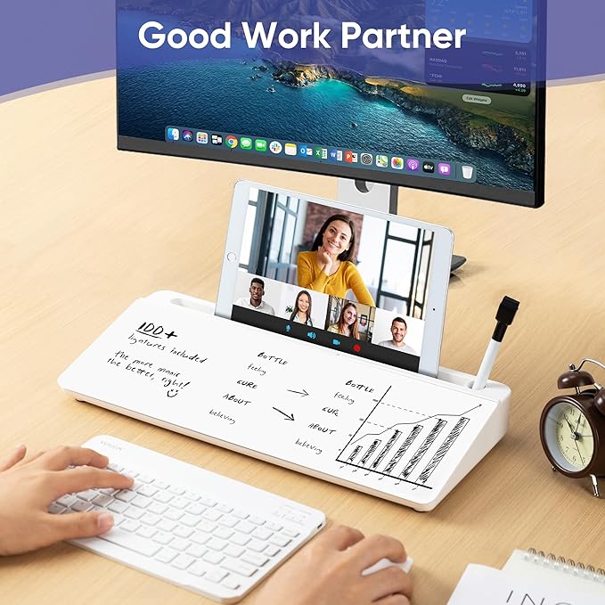 VUSIGN Glass Desktop Whiteboard with Storage, Small Organizer Dry Erase Board Desk Board Buddy White Board, Desktop Computer Pad for Notetaking, Desk Whiteboard for Office, Home, School Supplies