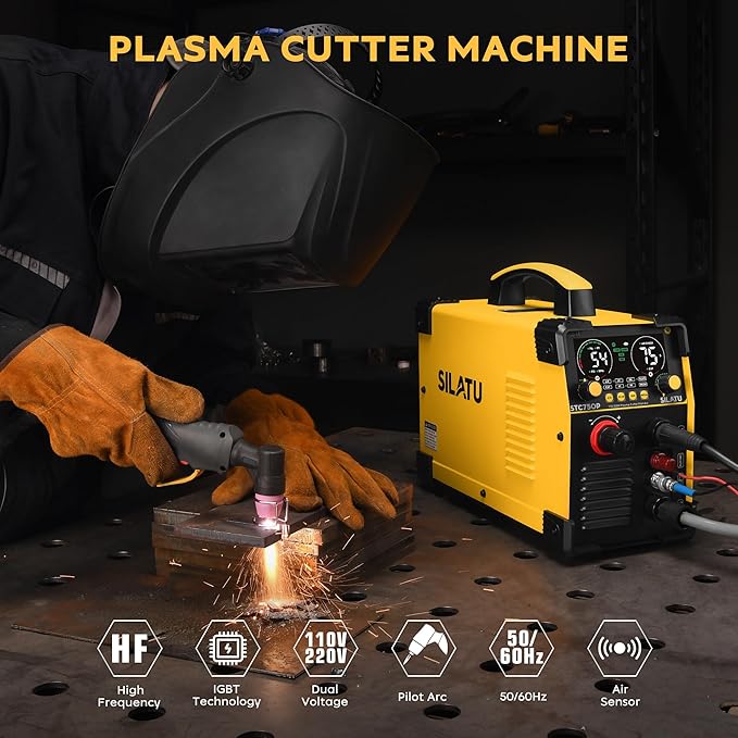 SILATU 75Amps Plasma Cutter, Large LED Display, Non-Touch Pilot Arc, Air Sensor Technology, 110/220V Dual Voltage IGBT Inverter Plasma Cutter Machine, 1'' Max Cutting Thickness for Beginners DIY
