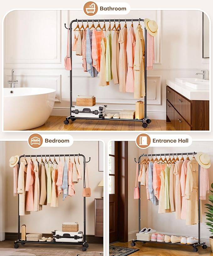 Homde Heavy Duty Clothes Rack: 120lb Standing Garment Storage for Indoor - Rolling Hanging Rod for Bedroom Laundry Room - Coat Dress Organizer on Wheels with luggage shelf (Black,46")