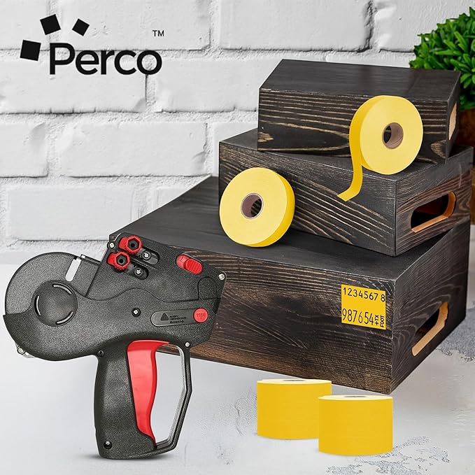 Perco Yellow Pricing Labels for Monarch 1136 Price Gun - 1 Sleeve, 8 Rolls, 14,000 Price Marking Labels - with Ink Roll Included