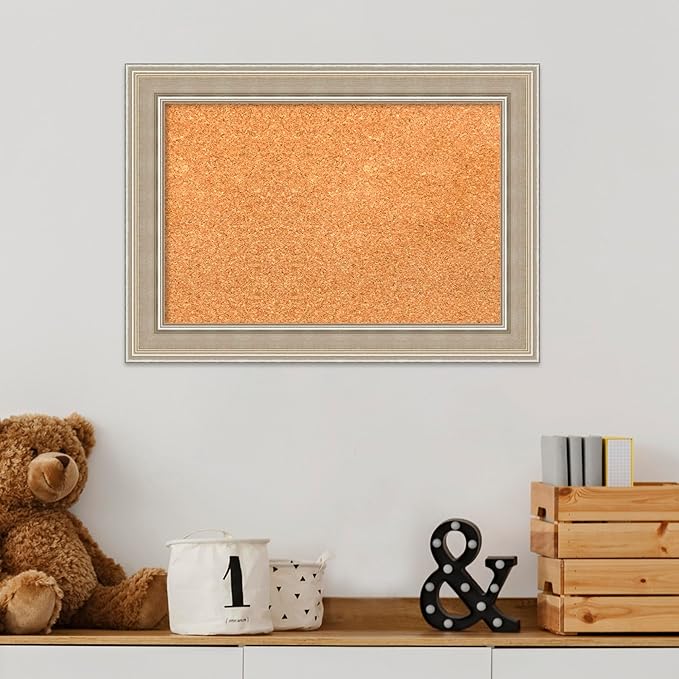Amanti Art Natural Cork Board for Wall, 16x22 Vision Board with Silver Wood Frame, Small Corkboard Office Decor for Home Organization, Modern Corkboard Pinboard to Display Items for Home Organization