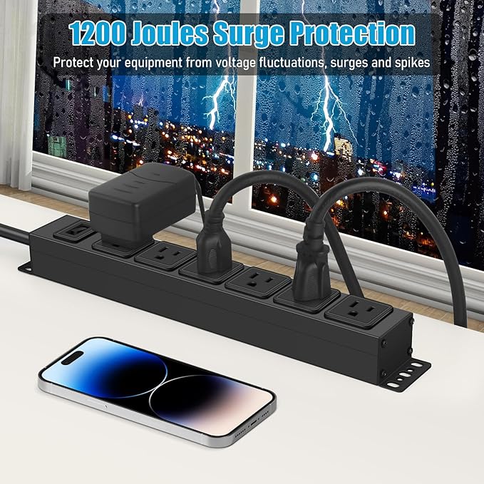 Magnetic Wall Mount Power Strip, Under Desk 6 Outlet Mountable Socket, Metal Long Heavy Duty Surge Protector for Garage, Gaming Table Or Workspace, 3FT Extension Cord.