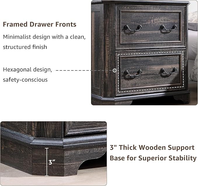 T4TREAM 2 Drawer File Cabinet-30 Wide Wooden Extended Desktop, Farmhouse Filing Cabinet with Smooth Rails, Holds Letter/Legal/A4, Hexagonal Design & Framed Drawer Fronts, Dark Rustic Oak