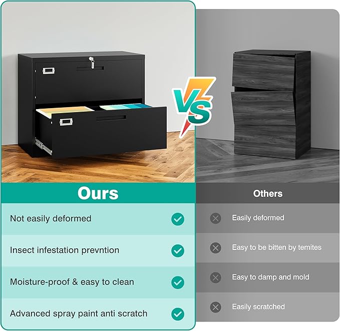 SISESOL 2 Drawer Lateral File Cabinet with Lock,Black Lateral Filing Cabinet,Horizontal Metal Filing Cabinet,Locked Wide Two Drawer File Cabinet for Office Home,Fit A4/F4/Letter/Legal File