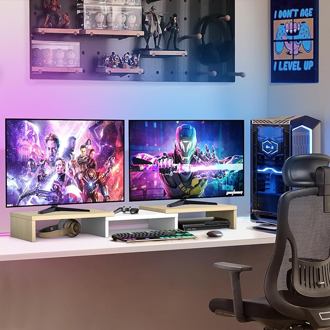 TAVR Dual Monitor Stand Riser, Computer Monitor Stands for 2 Monitors, Extra Long Multifunctional Desktop Organizer Riser for Computer, Laptop, PC, Printer, TV, Max 48.2" Length, Oak