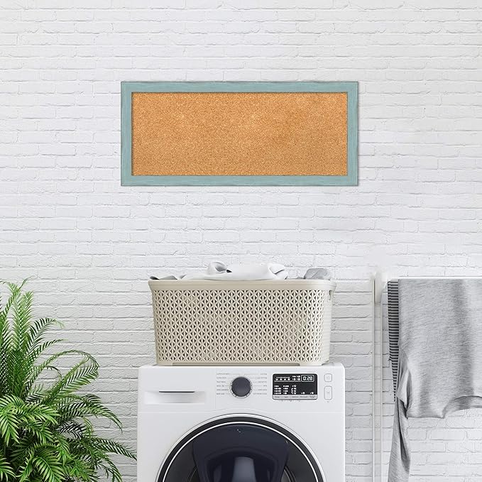 Amanti Art Natural Cork Board for Wall, 14x32 Vision Board with Blue Wood Frame, Medium Corkboard Office Decor for Home Organization, Rustic Farmhouse Corkboard Pinboard to display items for home