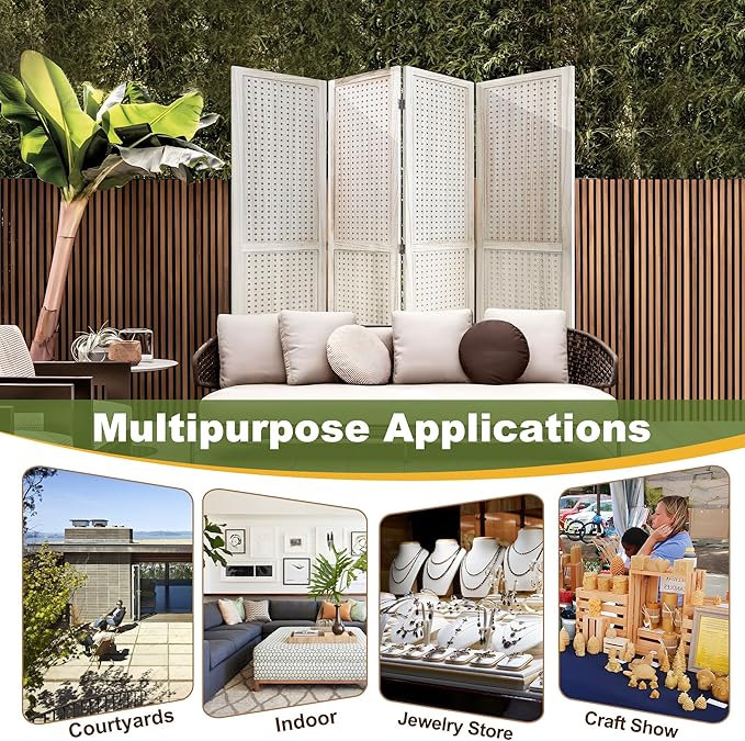 NicBex Room Divider 4 Panel Pegboard Display 5.6FT Wood PegBoard Room Dividers, Folding Privacy Screens Portable Display Board Wall Divider for Craft/Art Shows, Room Separation, Natural Wood