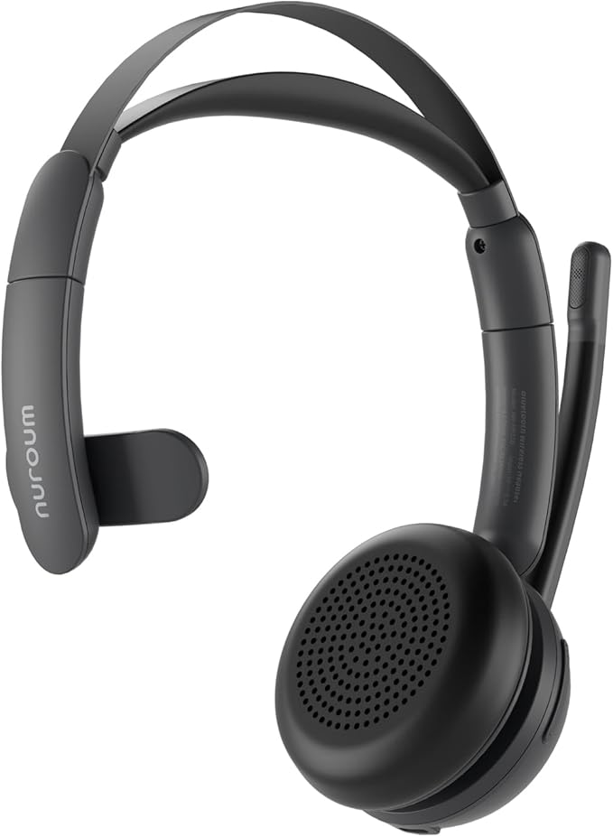 NUROUM Wireless Headset with Mic for Work, Trucker Bluetooth Headset with Noise Cancelling Microphones, Single Ear, Multi-Point/Mute, 45H Playback for Call Center/Work from Home/Office HP31SN