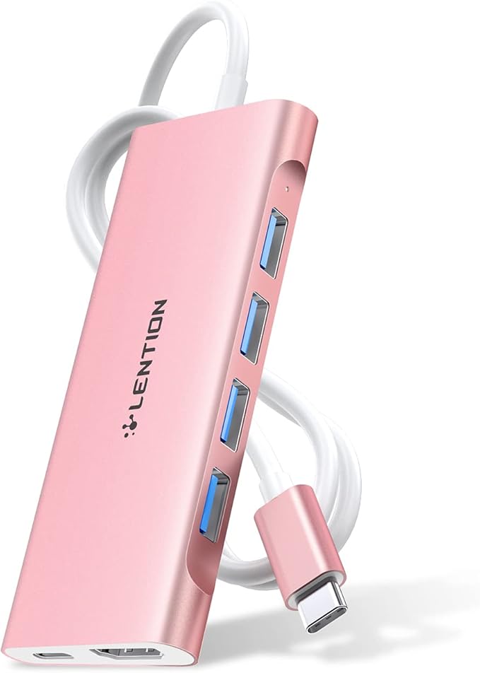 LENTION 3.3FT Long Cable USB C Multiport Hub with 4K HDMI, 4 USB 3.0, Type C Charging Compatible 2023-2016 MacBook Pro, New Mac Air/iMac/Mac Mini, More, Stable Driver Adapter (C35-1M, Rose Gold)