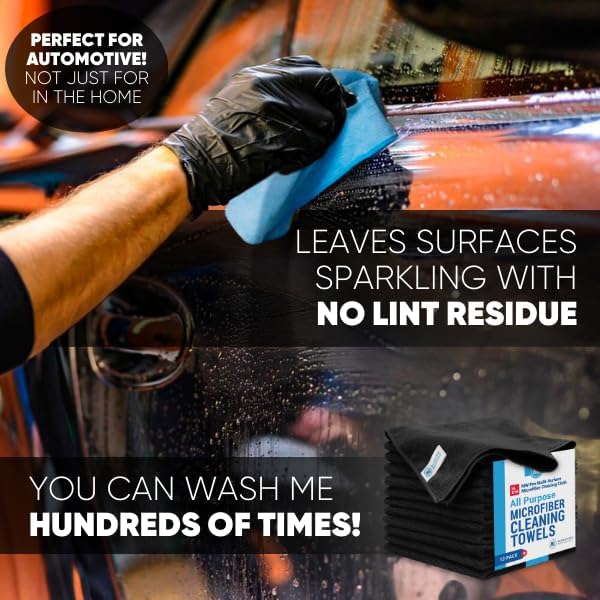 MW Pro Multi-Surface Microfiber Towel – 12 Pack | Premium Cleaning Cloth | Clean, Dust, Polish, Absorb | Large 16"x16" (Black)