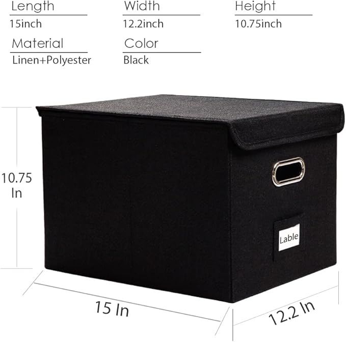 PRANDOM File Organizer Box - Set of 2 Collapsible Decorative Linen Filing Storage Hanging File Folders with Lids Office Cabinet Letter Size Black (15x12.2x10.75 inch)