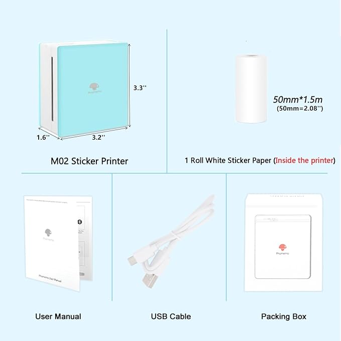 Phomemo Mini Sticker Printer- Mini Printer Sticker Maker Machine M02, Print Pods Suitable for Student Name Label, Study Notes, Creative DIY, Diaries, Portable Thermal Printer for School/Home/Office