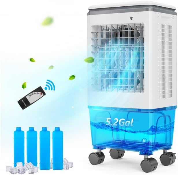 ROVSUN 1400CFM Evaporative Air Cooler, 5.2 Gal Portable Swamp Cooler with Auto Oscillating, Remote, 3 Speeds, 12H Timer & 4 Ice Packs, 3-IN-1 Humidifying Cooling Fan Indooor Patio Garage