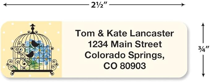 Birdcages Rolled Personalized Return Address Mailing Labels with Dispenser, Set of 500, 5 Designs, Small ¾ x 2½ Inch Size, Custom Self-Adhesive Sticker Roll, by Colorful Images