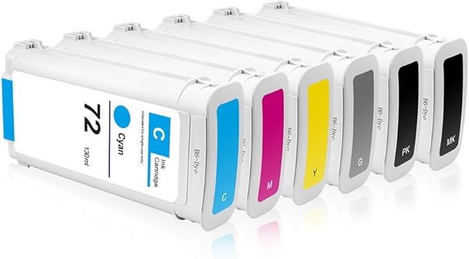 High Yield 72 Ink Cartridges C9403A C9370A C9371A C9372A C9373A C9374A Replacement for HP 72 Ink Cartridges for T770 T790 T795 T610 T620 T1100 T1120 T1200 T1300 T2300 Printers Ink(6 Pack, 130ML)