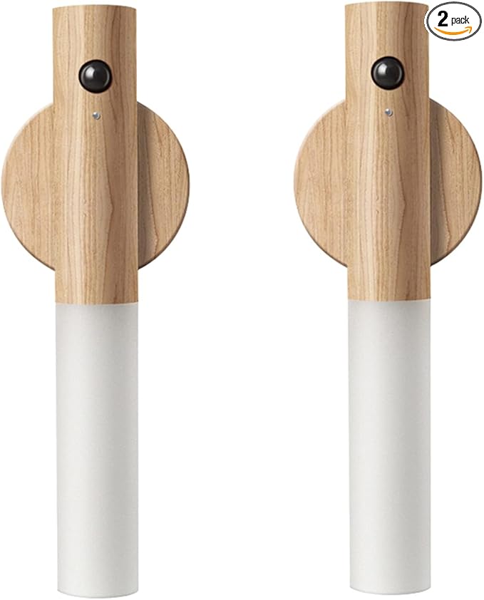 LANDGOO Wooden Motion Sensor Night Lights, Magnet Body Hallway Lamp, Rechargeable LED Wall Sconces, Portable for Stairway Bedroom, Battery Powered (White Ash Wood 2PC)