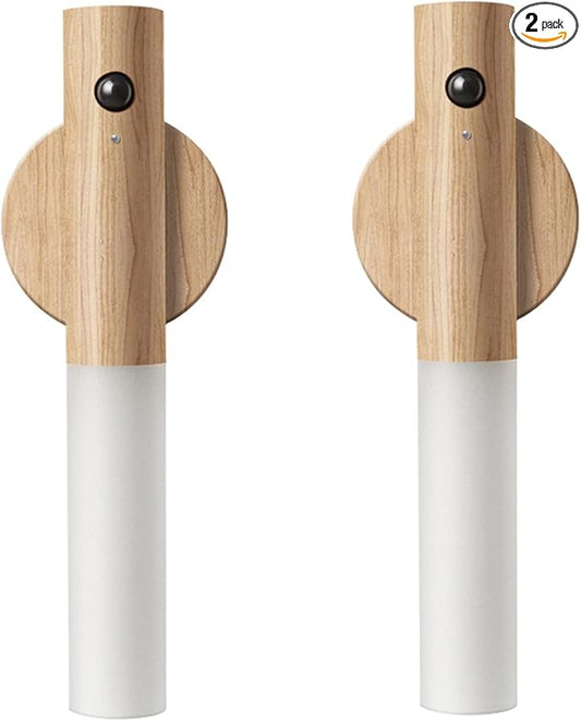 LANDGOO Wooden Motion Sensor Night Lights, Magnet Body Hallway Lamp, Rechargeable LED Wall Sconces, Portable for Stairway Bedroom, Battery Powered (White Ash Wood 2PC)