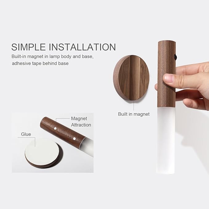 LANDGOO Wooden Motion Sensor Lights Indoor, Magnet Body Hallway Rechargeable LED Wireless Battery Operated Wall Sconce, Portable Decor Torch Night Lighting for Bedroom (Walnut Wood 2PCS)