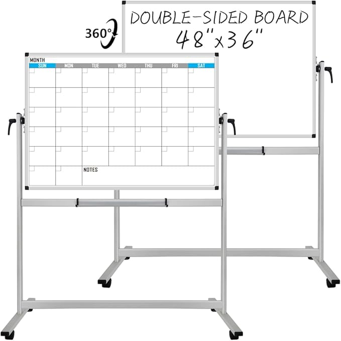 XBoard Magnetic Mobile Whiteboard, Double Sided Magnetic Dry Erase White Board on Wheels, Large Portable Easel with Stand and Aluminium Frame for Home School Office (Calendar 48x36-Inch)