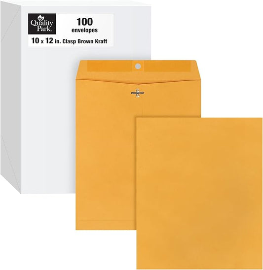 Quality Park 10 x 12 Clasp Envelopes with Clasp Closure and Gummed Seal, Great for Filing, Storing or Mailing Documents, 28 lb Brown Kraft, 100 per Box (QUA37895)