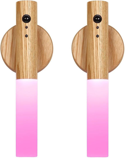 LANDGOO RGB Motion Sensor Night Light, Color Changing Atmosphere Lamp, Battery Powered Rechargeable LED Wood Wall Sconce for Home Party Lighting (RGB Ash Wood 2PCS)