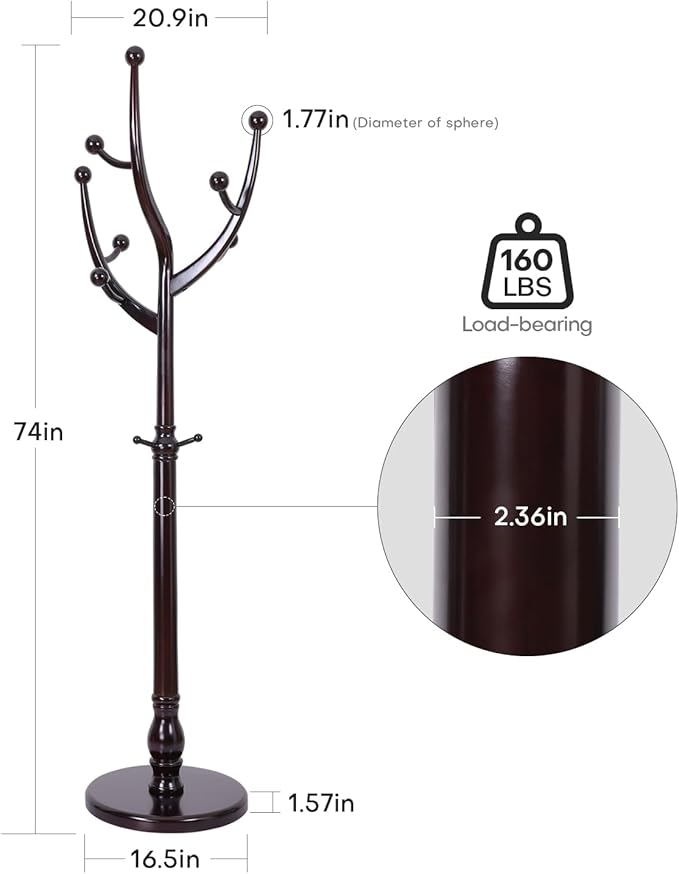 Tree Coat Rack Freestanding with Round Base, Unique Coat Hanger Stand, Heavy Duty Standing Coat Rack Clothes Stand for Winter Jacket, Hat, Entryway/Hallway/Bedroom, Red Brown