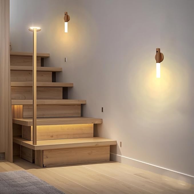 LANDGOO RGB Motion Sensor Night Light, Color Changing Atmosphere Lamp, Battery Powered Rechargeable LED Wood Wall Sconce for Home Party Lighting (RGB Ash Wood 2PCS)