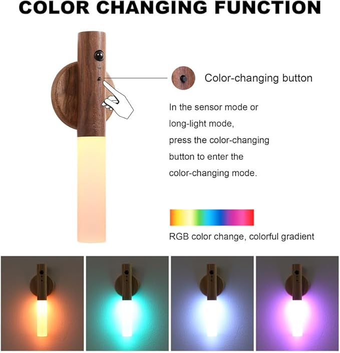 LANDGOO Motion Sensor Night Light RGB & Touch Control | USB-C Rechargeable Wooden Wall Sconce | Bathroom/Bedroom Light for Hallway, Stairs, Closet, Kids Room, Vanity, (Walnut Wood)