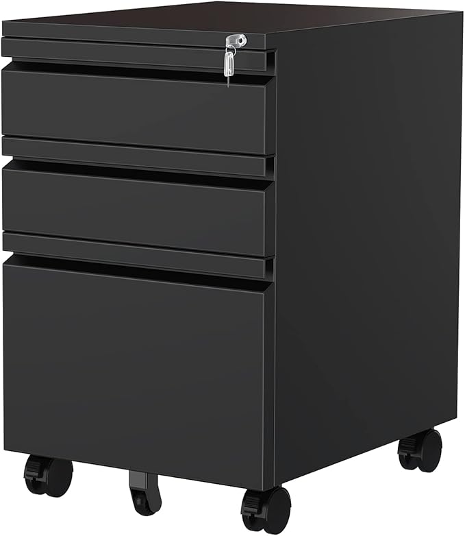 MIIIKO 3 Drawer File Cabinet, Metal Filing Cabinet with Lock Rolling Wheels, Office Storage Under Desk,Deep Drawers for Hanging Legal Letter Fill, Full Assembled Except Casters