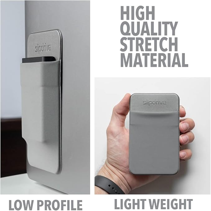 Slipdrive - Portable Hard Drive Sleeve for Laptop - SSD Solid State Drive - Reusable Adhesive - 5” x 3.2” Stick on External Hard Drive Carrying Case - Travel Pocket Pouch (Small, Gray)