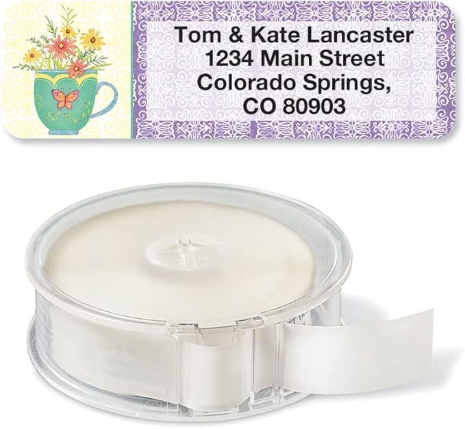 Teacups Rolled Personalized Return Address Mailing Labels with Dispenser, Set of 500, 5 Designs, Small ¾ x 2½ Inch Size, Custom Self-Adhesive Sticker Roll, by Colorful Images