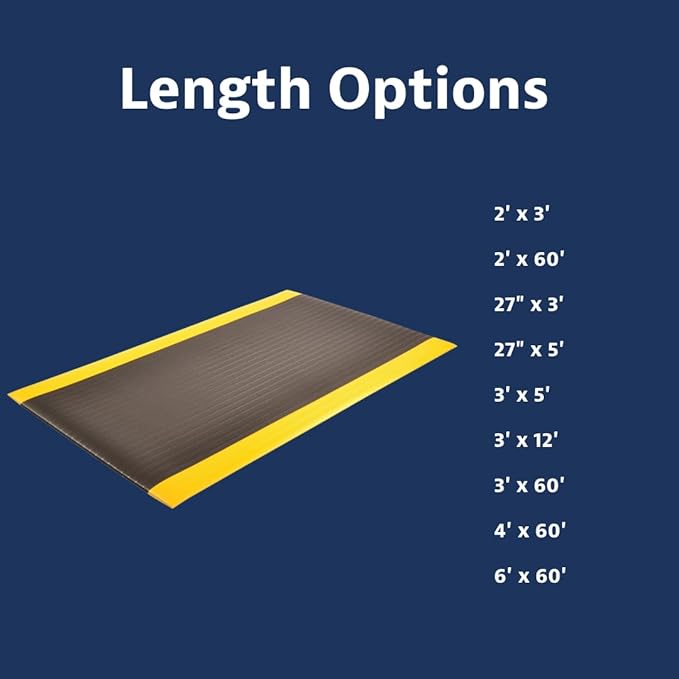 Notrax 410 Airug® 2' x 60' x 3/8" Anti Fatigue Mat, Enhanced Slip Resistance with Beveled Edges and Ribbed Surface, Ideal for Industrial and Commercial Workplaces, Black/Yellow, 410R0324BY