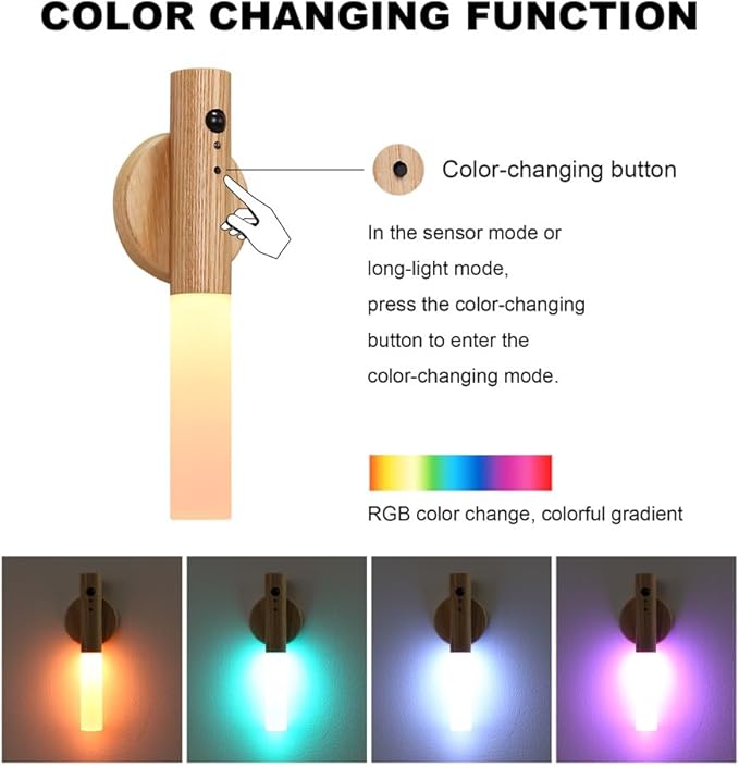 LANDGOO RGB Motion Sensor Night Light, Color Changing Atmosphere Lamp, Battery Powered Rechargeable LED Wood Wall Sconce for Home Party Lighting (RGB Ash Wood 2PCS)