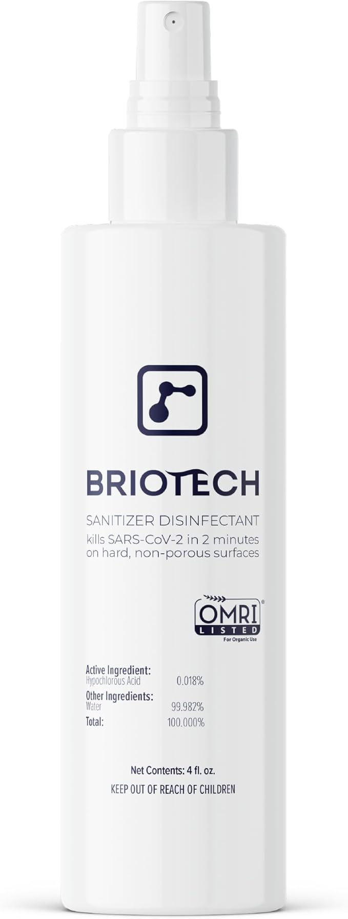BRIOTECH Sanitizer Disinfectant Hypochlorous Spray, Kill 99.99% of Viruses & Bacteria, Control Mold, Eliminate Odor, Gentle for Nursery & Play Rooms, Food Contact Surface Sanitizer, 4 fl oz