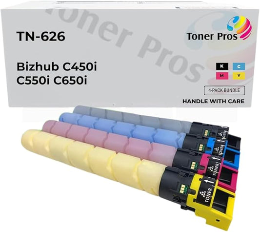 Toner Pros Replacement Toner Cartridge Compattible for Konica Minolta TN-626 (TN626K, TN626C, TN626M, TN626Y) – High Yield 4-Color Pack for Bizhub C450i, C550i, C650i Printers – 28,000 Pages Each
