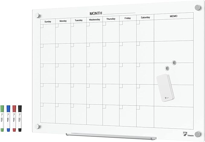 TOWON Tempered Glass Calendar Dry Erase Board for Wall, 3' x 2' Magnetic Whiteboard Calendar Planner for Office, Home, School Supplies, White, 36 x 24 Inches