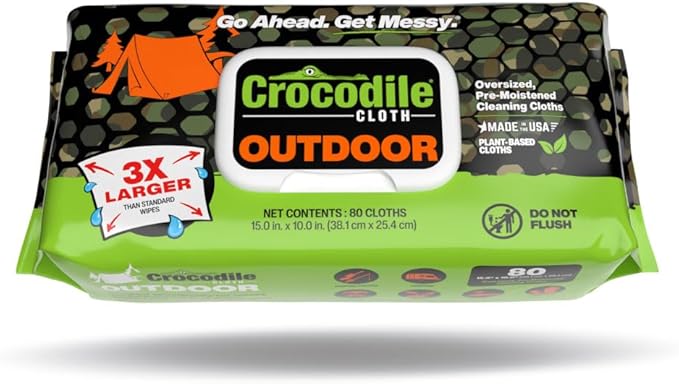 Crocodile Cloth Outdoor Cleaning Wipes – 80 Count Plant-Based Cloths (15"x10"), Skin Safe, Pre-Moistened, Aloe & Vitamin E Infused, Large, Absorbent, Multi-Surface Disposable Wipes